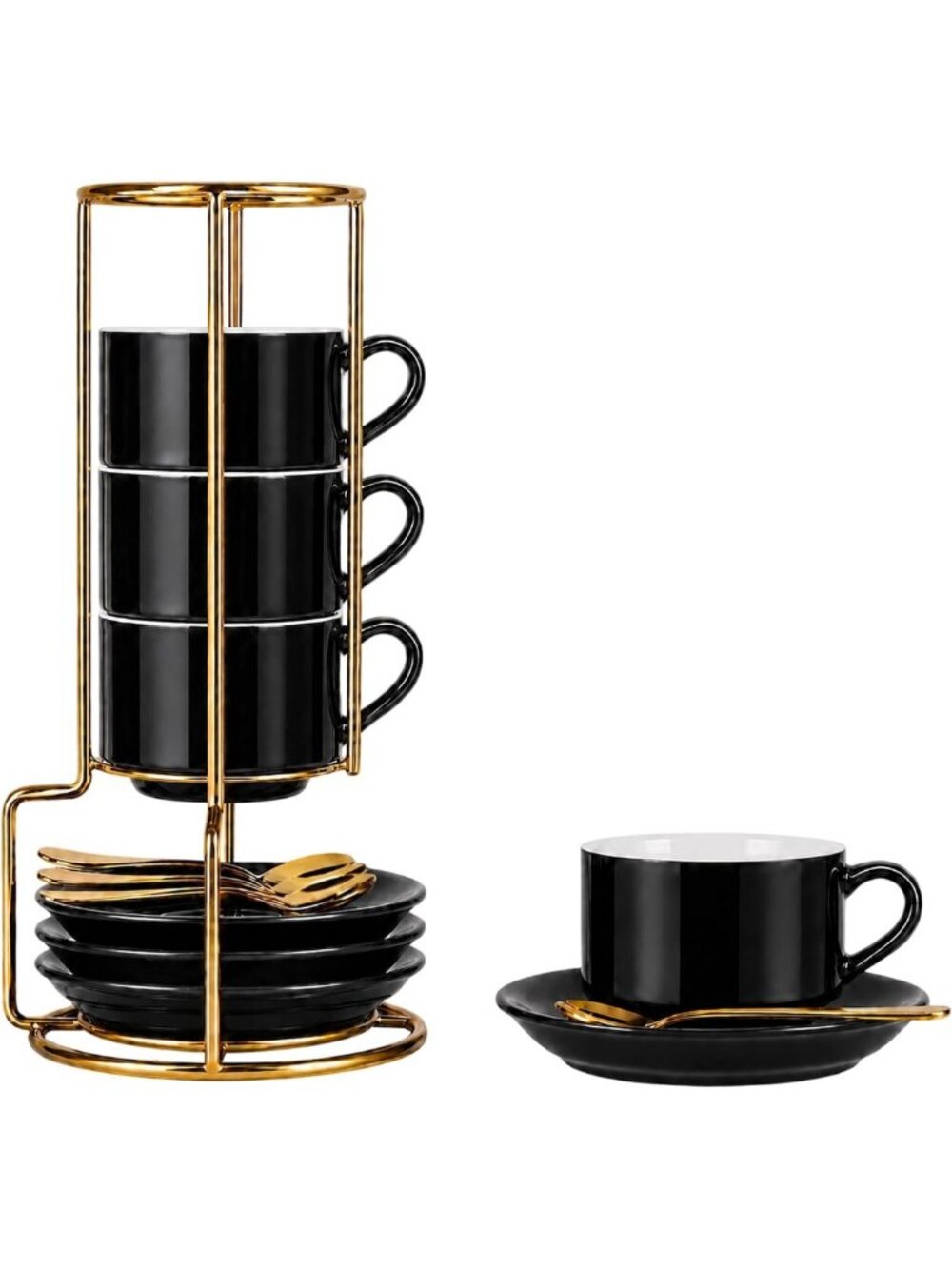 Set of 4 Black Espresso Cups - 3 Ounce Ceramic Coffee Mugs for Home or Cafe